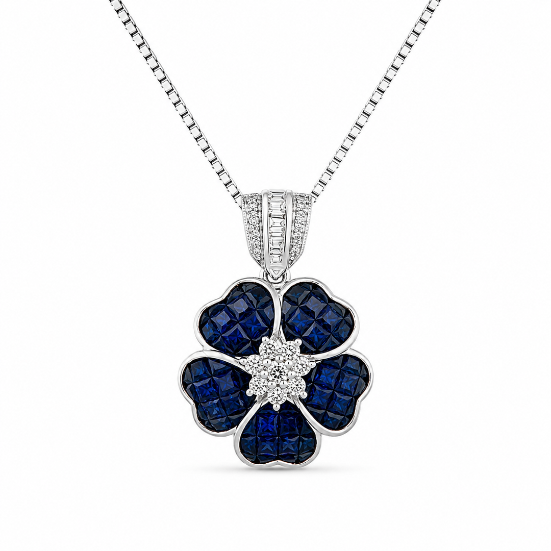 14K White Gold Diamond & Sapphire Floral Pendant ~ 3 Ct