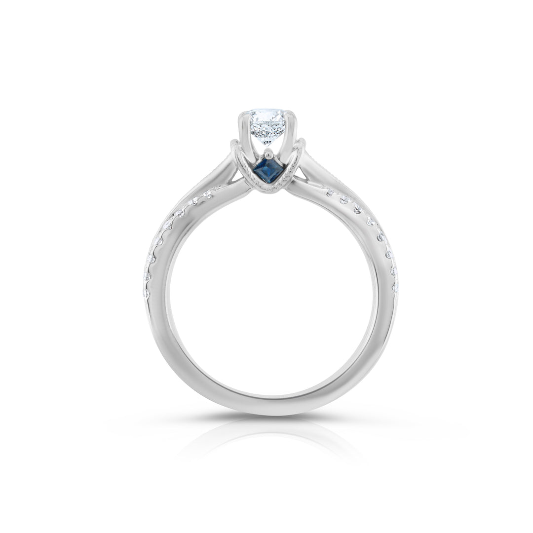 14K White Gold Diamond & Hidden Sapphire Engagement Ring ~ 1 Ct