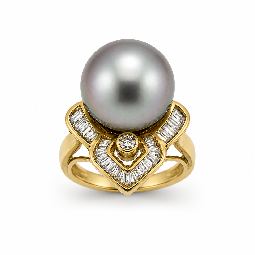 14K Yellow Gold Diamond & Black Pearl Art Deco Statement Ring ~ ½ Ct