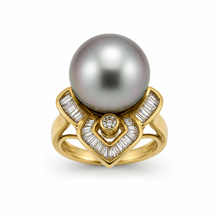 14K Yellow Gold Diamond & Black Pearl Art Deco Statement Ring ~ ½ Ct