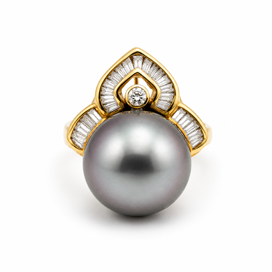 14K Yellow Gold Diamond & Black Pearl Art Deco Statement Ring ~ ½ Ct