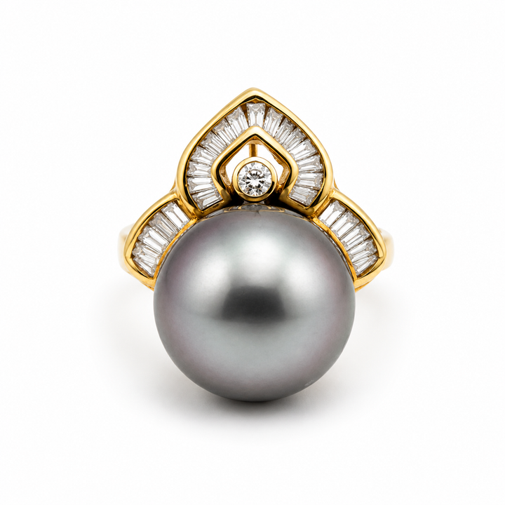 14K Yellow Gold Diamond & Black Pearl Art Deco Statement Ring ~ ½ Ct