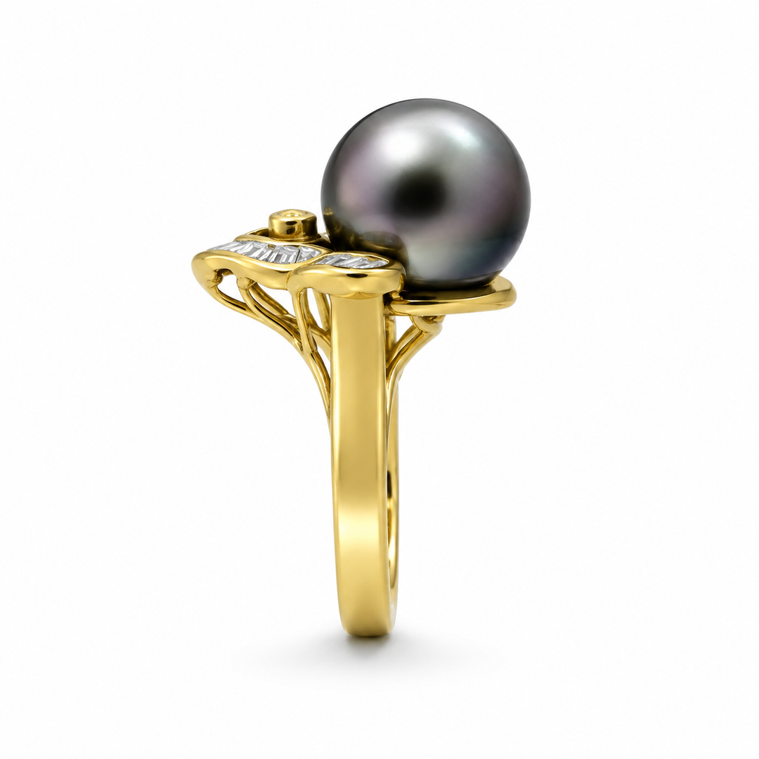 14K Yellow Gold Diamond & Black Pearl Art Deco Statement Ring ~ ½ Ct