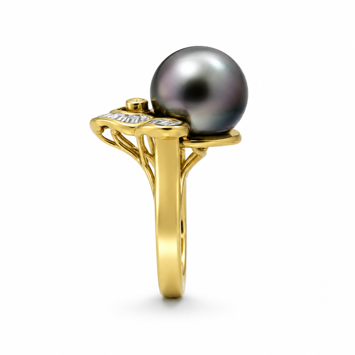 14K Yellow Gold Diamond & Black Pearl Art Deco Statement Ring ~ ½ Ct