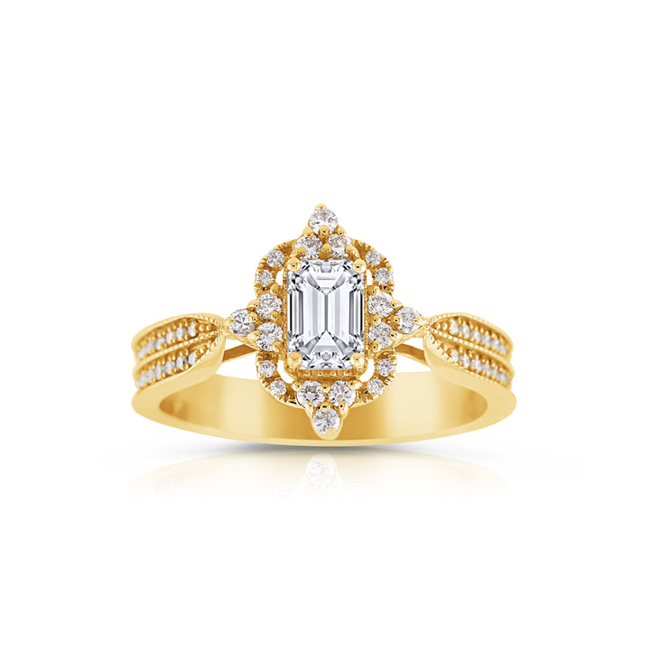 14K Yellow Gold Halo Emerald Cut Diamond Engagement Ring 1.30 Ct