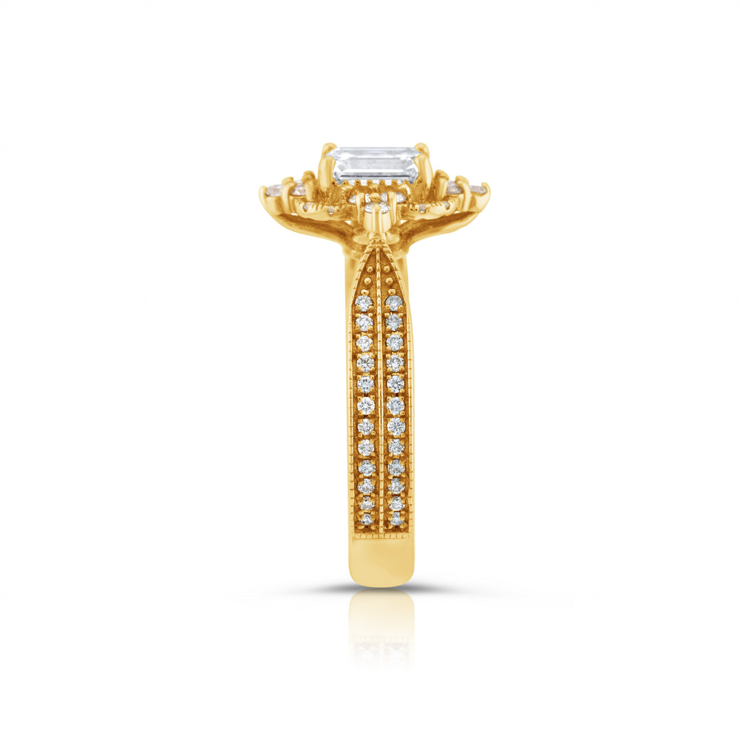 14K Yellow Gold Halo Emerald Cut Diamond Engagement Ring 1.30 Ct