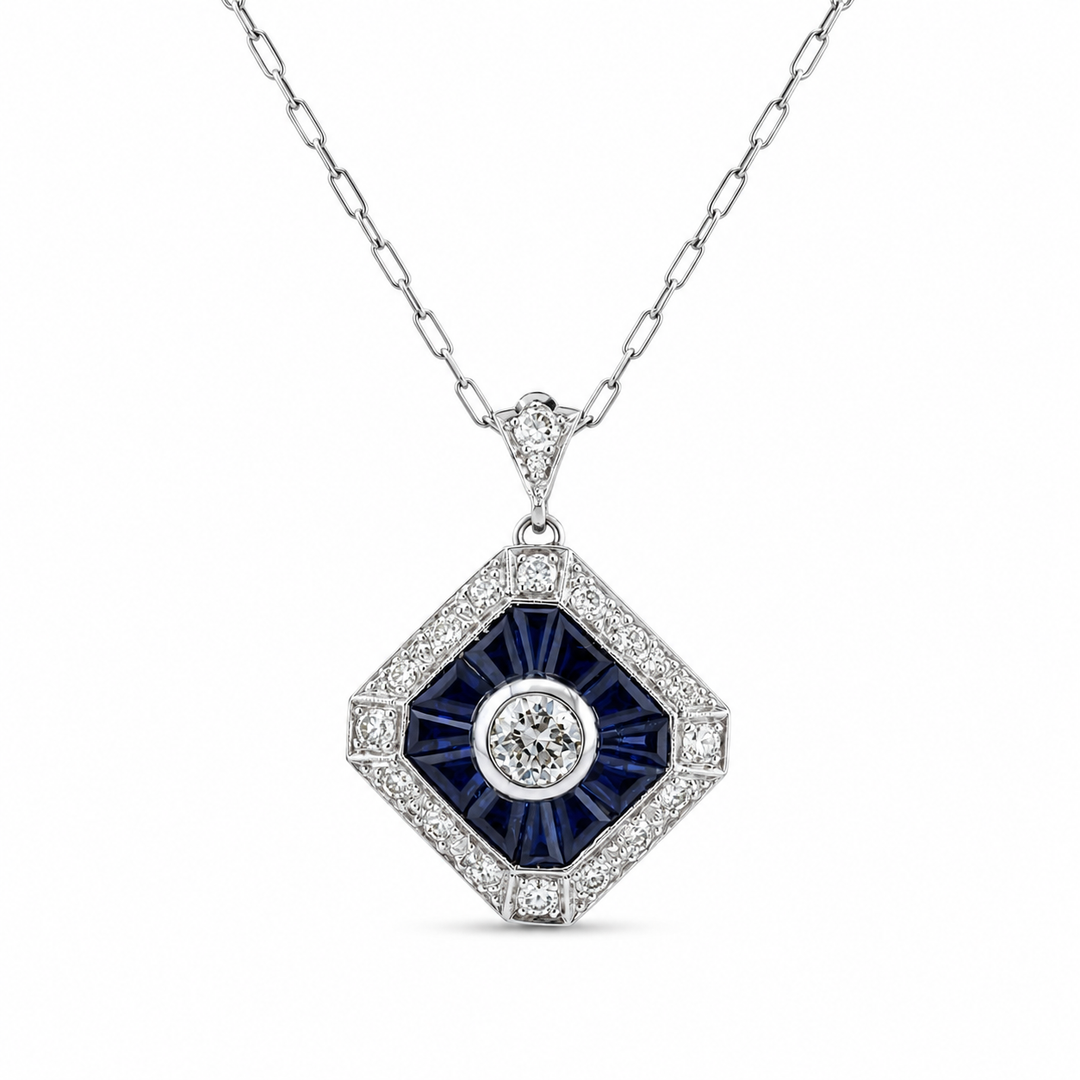 14k White Gold Sapphire & Diamond Art Deco Necklace ~ 3 Ct