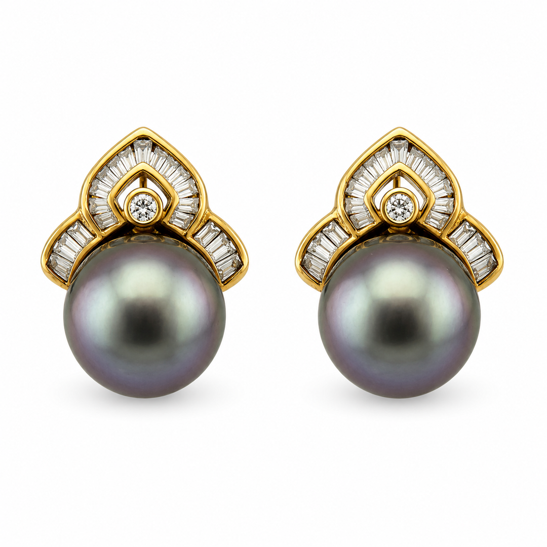 14K Yellow Gold Diamond & Black Pearl Art Deco Earrings ~ 1 Ct