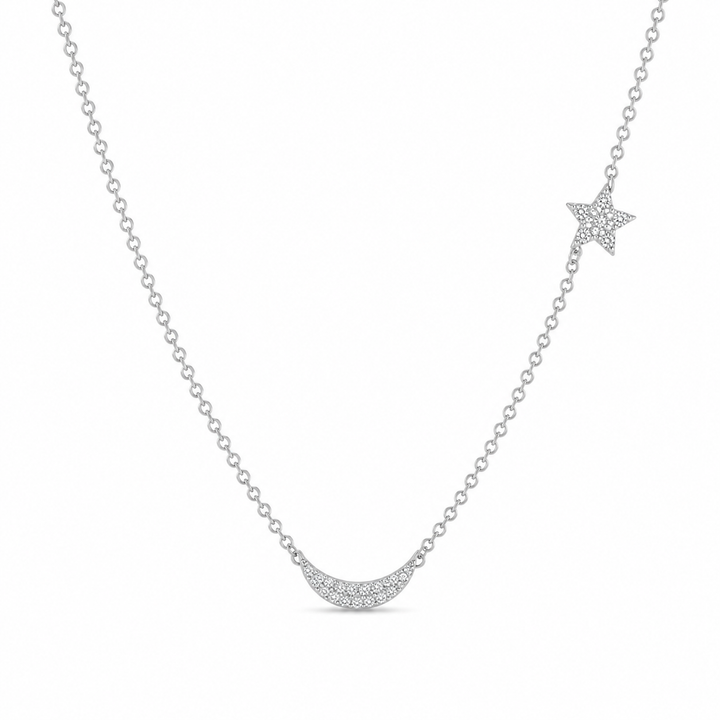 14K White Gold Diamond Moon & Star Necklace ~ 1/5 Ct