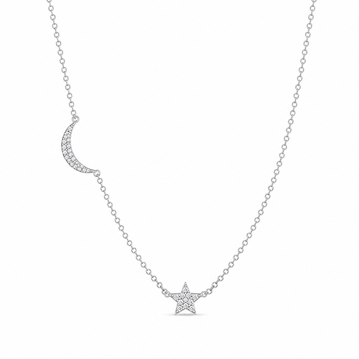 14K White Gold Diamond Moon & Star Necklace ~ 1/5 Ct