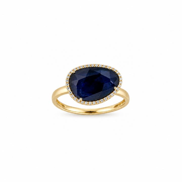 14K Yellow Gold Sapphire & Diamond Halo Right Hand Ring ~ 3 Ct