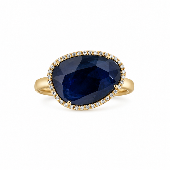 14K Yellow Gold Sapphire & Diamond Halo Right Hand Ring ~ 3 Ct