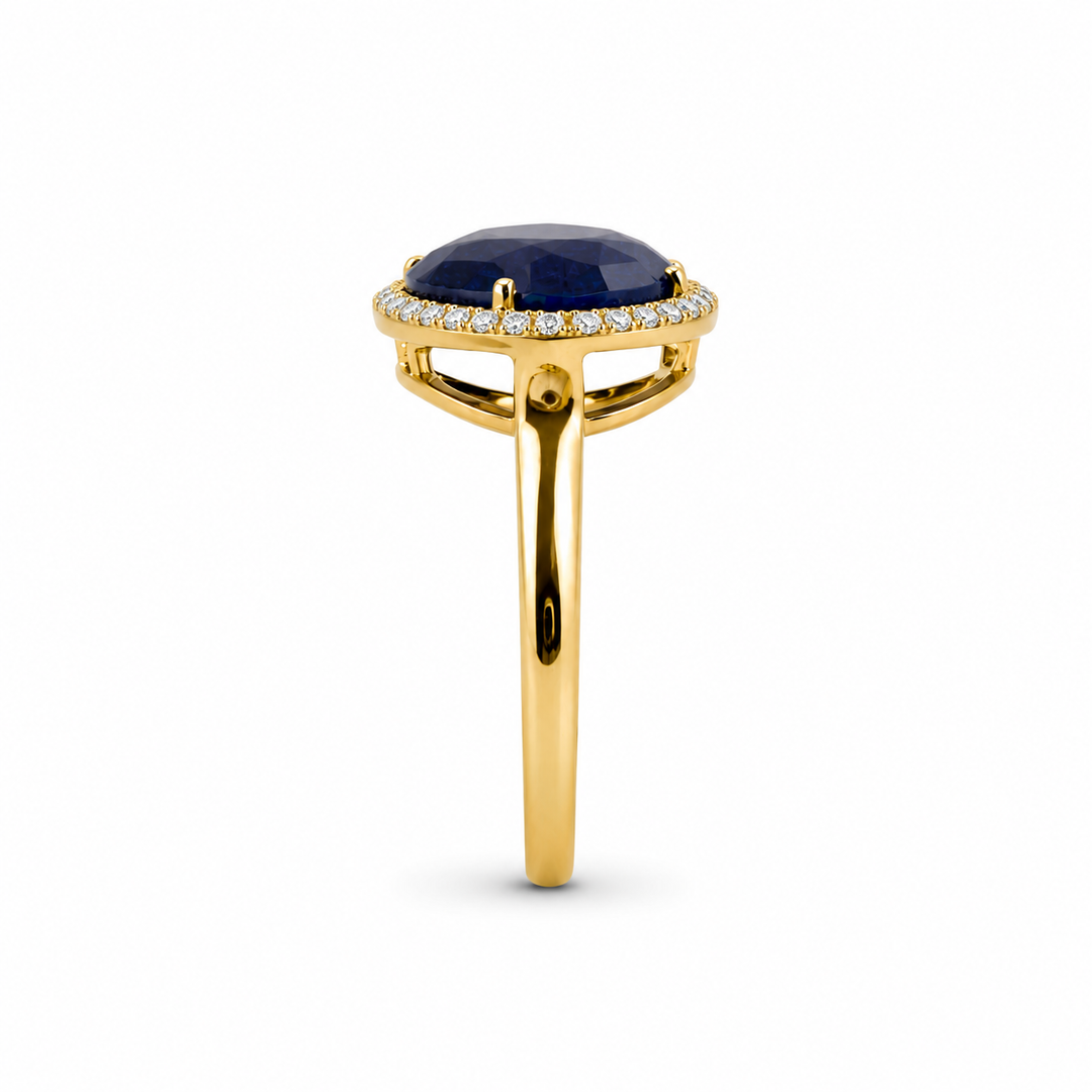 14K Yellow Gold Sapphire & Diamond Halo Right Hand Ring ~ 3 Ct