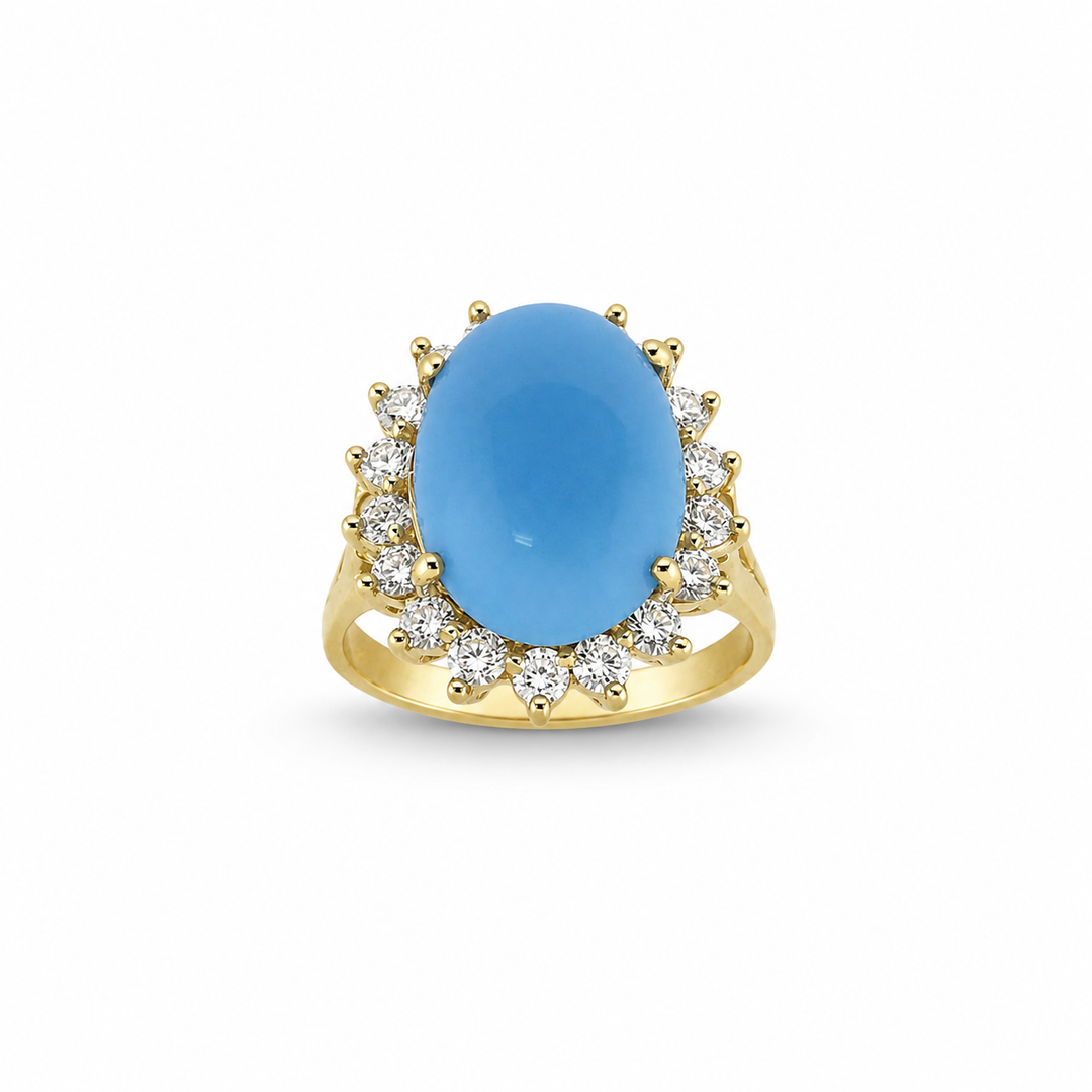 14K Yellow Gold Turquoise & Diamond Halo Cocktail Ring ~ 6 Ct
