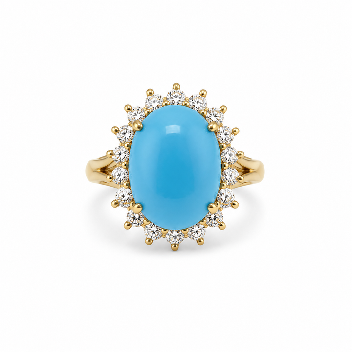 14K Yellow Gold Turquoise & Diamond Halo Cocktail Ring ~ 6 Ct