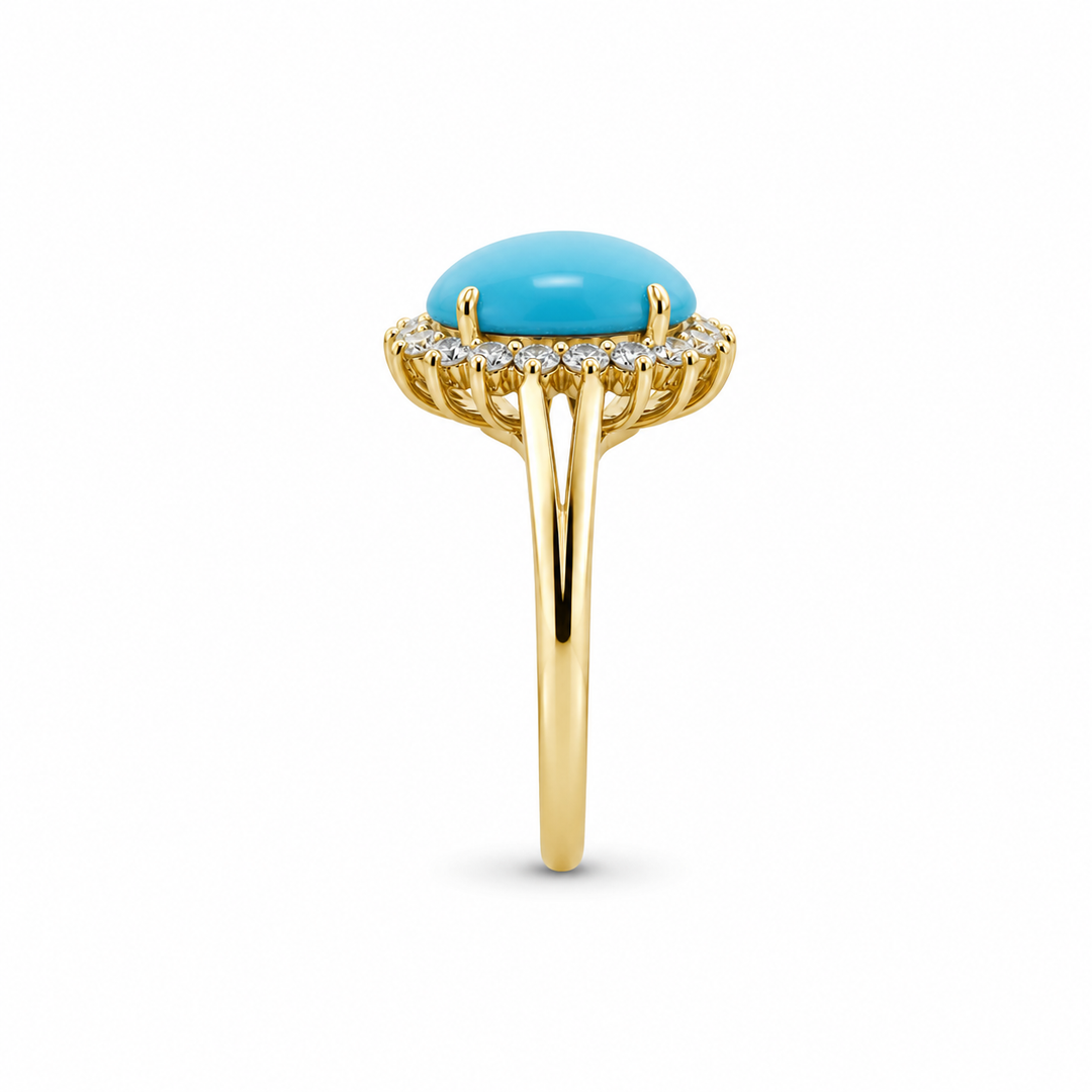 14K Yellow Gold Turquoise & Diamond Halo Cocktail Ring ~ 6 Ct