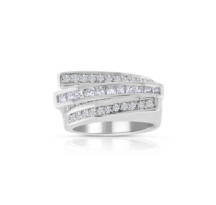 14K White Gold Diamond Three-Row Ring ~ 1 Ct