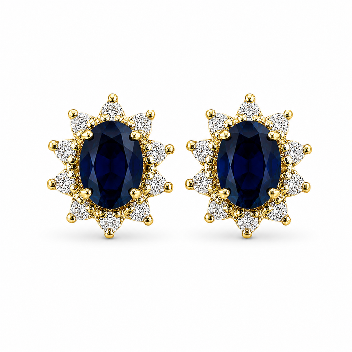 14K Yellow Gold Sapphire and Diamond Floral Halo Stud Earrings ~ 1 Ct