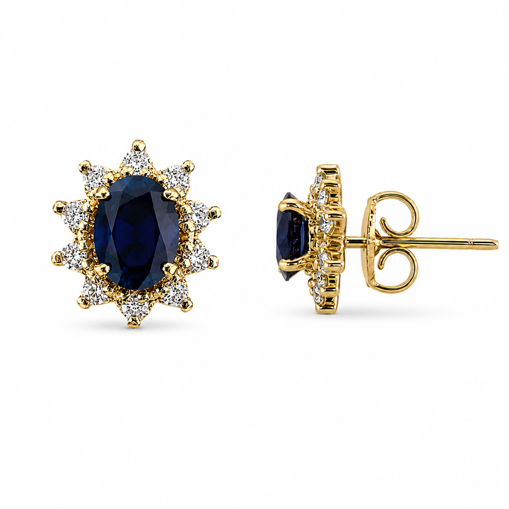 14K Yellow Gold Sapphire and Diamond Floral Halo Stud Earrings ~ 1 Ct