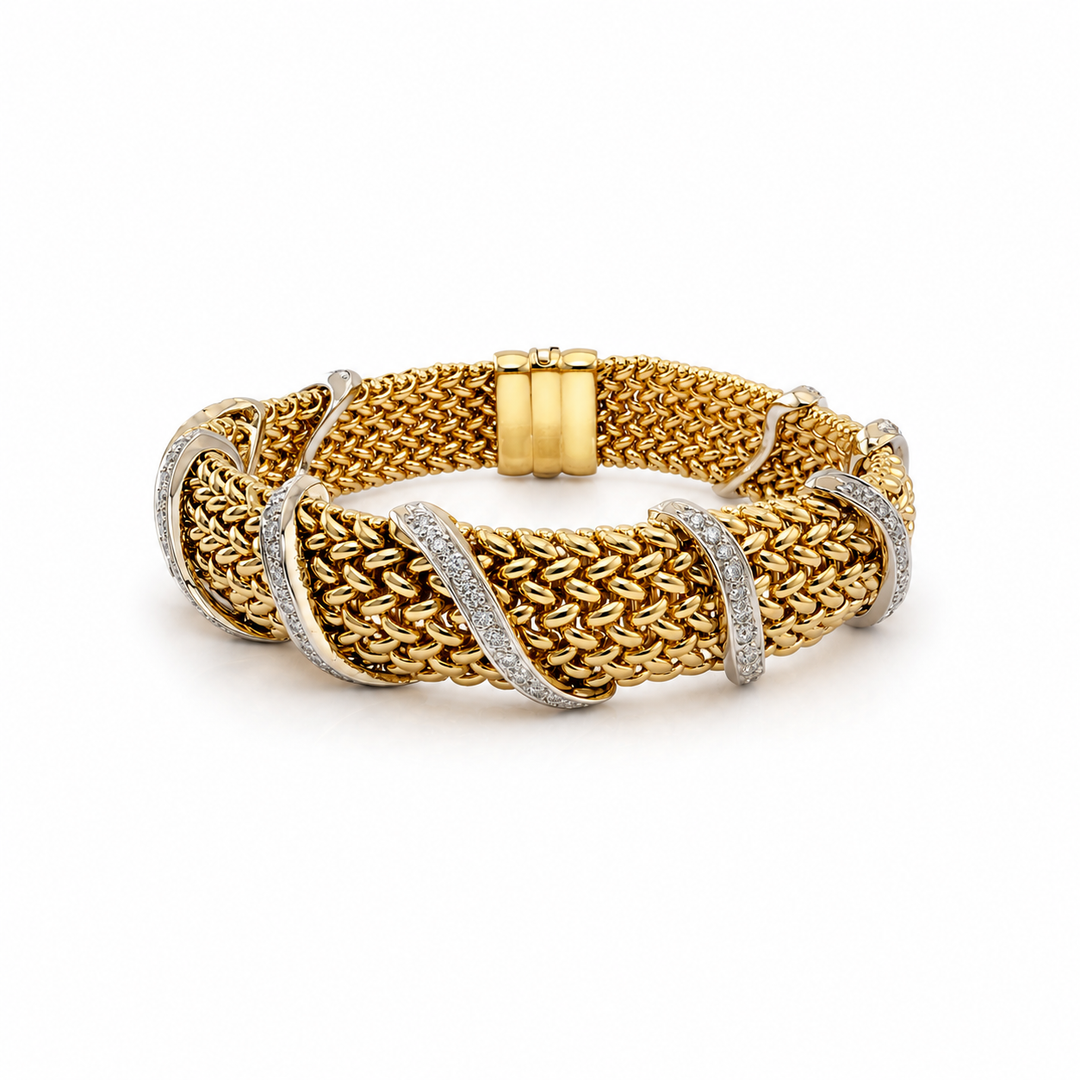 14K Two-Tone Gold Diamond Mesh Bracelet ~ 5 Ct