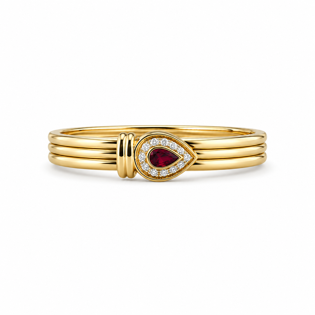 18K Yellow Gold Ruby & Diamond Halo Bangle ~ 1 Ct