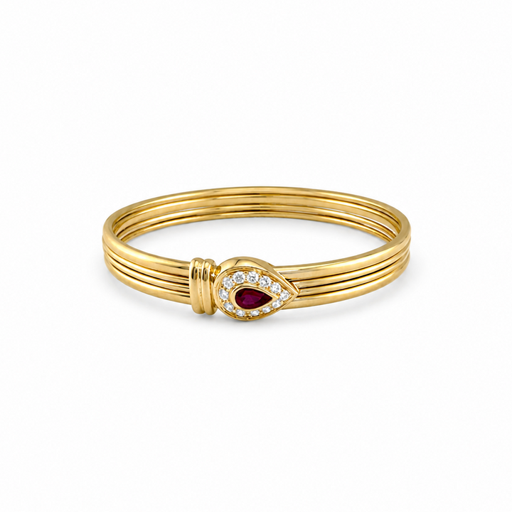 18K Yellow Gold Ruby & Diamond Halo Bangle ~ 1 Ct