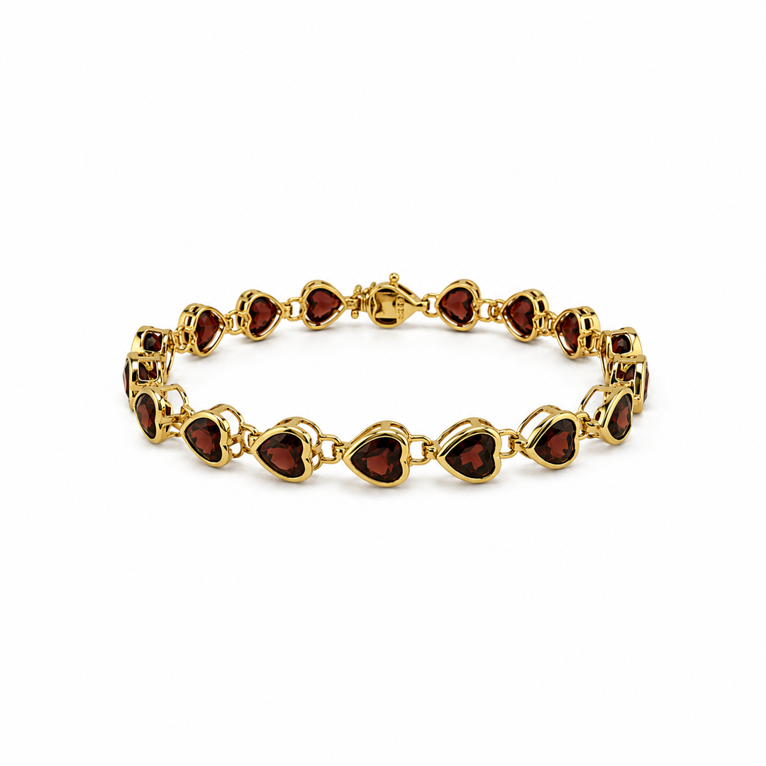 14K Yellow Gold Garnet Heart Link Bracelet ~ 19 Ct