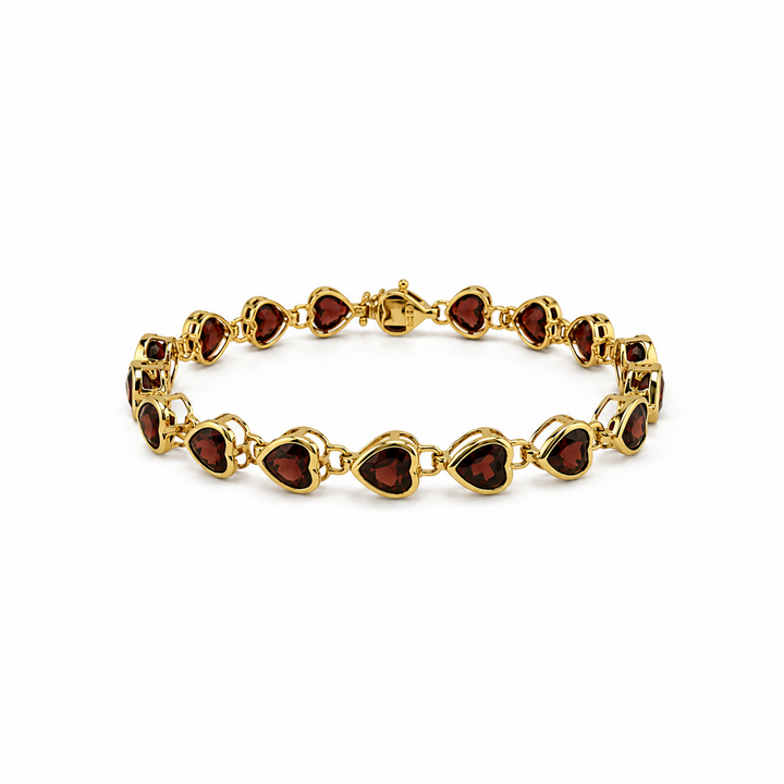 14K Yellow Gold Garnet Heart Link Bracelet ~ 19 Ct