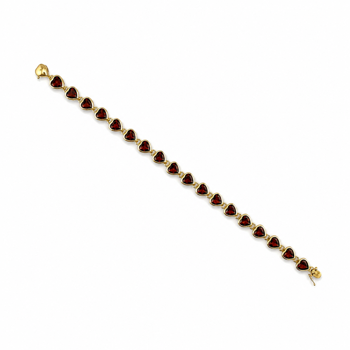 14K Yellow Gold Garnet Heart Link Bracelet ~ 19 Ct