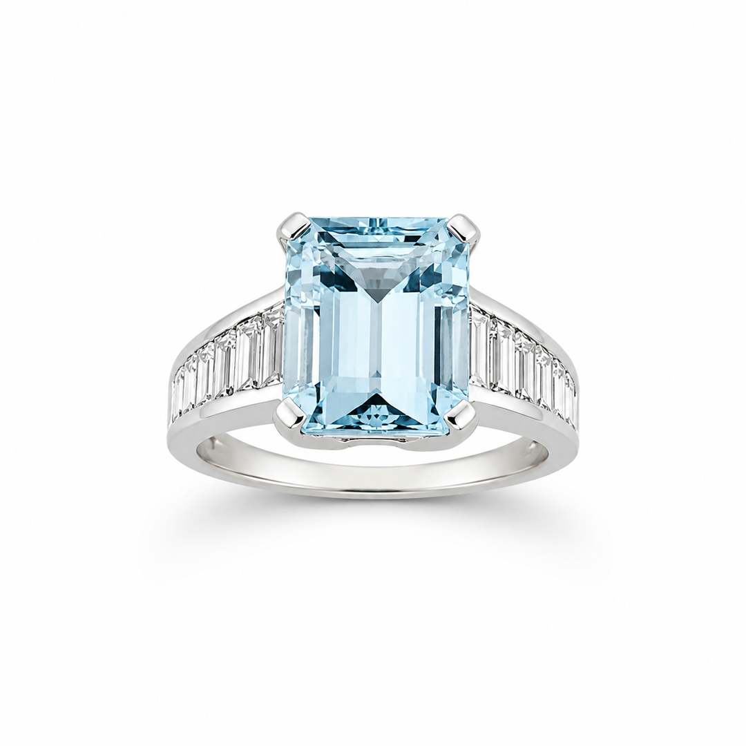 14K White Gold Diamond & Aquamarine Statement Ring ~ 4 Ct