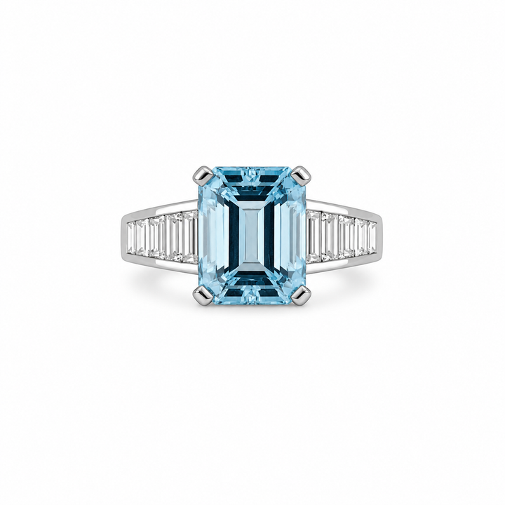 14K White Gold Diamond & Aquamarine Statement Ring ~ 4 Ct