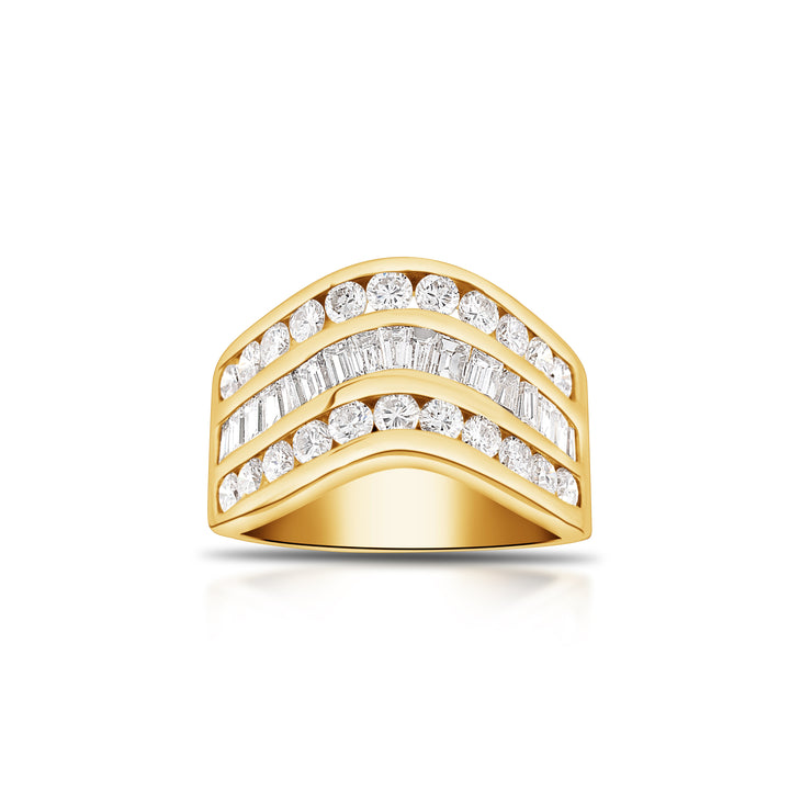14K Yellow Gold Diamond Three-Row Ring ~ 2 Ct
