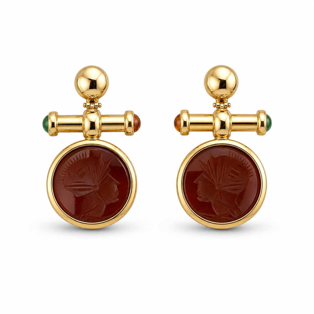 14K Yellow Gold Roman Revival Intaglio Drop Earrings ~ 10 Ct