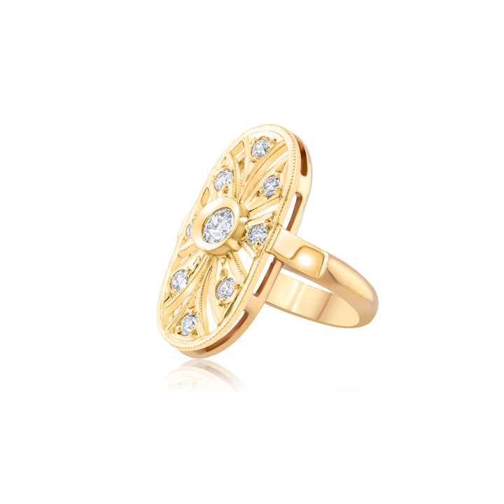 14K Yellow Gold Vintage Medallion Diamond Ring ¾ Ct