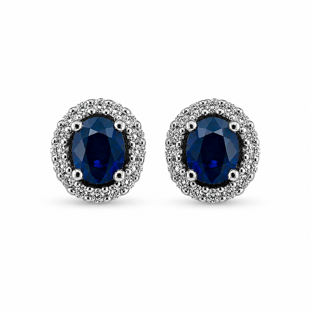 14K White Gold Sapphire and Diamond Halo Stud Earrings ~ 1 ½ Ct