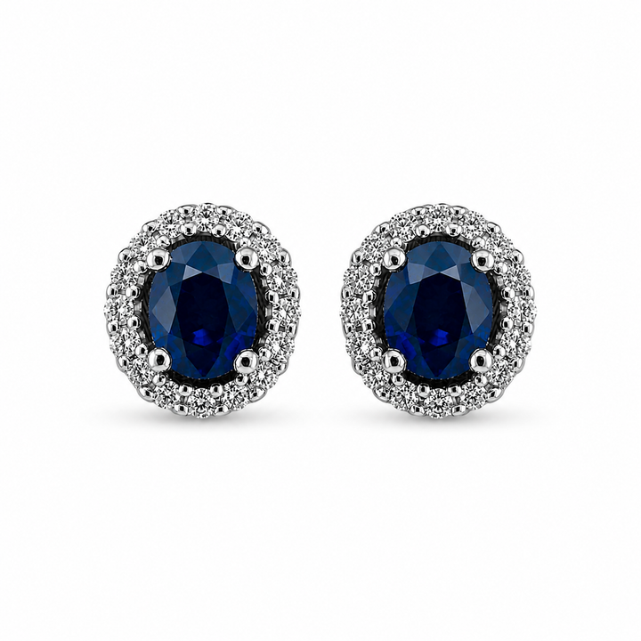 14K White Gold Sapphire and Diamond Halo Stud Earrings ~ 1 ½ Ct