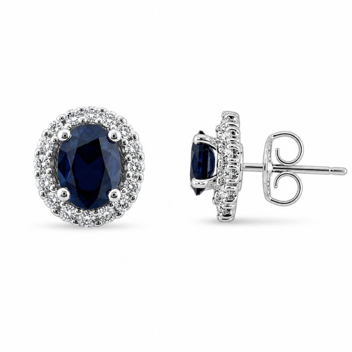 14K White Gold Sapphire and Diamond Halo Stud Earrings ~ 1 ½ Ct