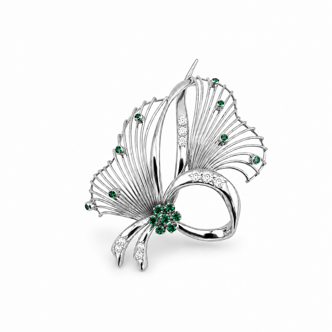 18K White Gold Emerald & Diamond Floral Brooch ~ 1 Ct