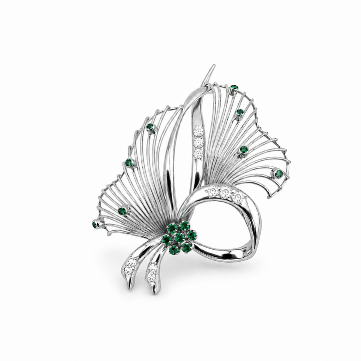 18K White Gold Emerald & Diamond Floral Brooch ~ 1 Ct