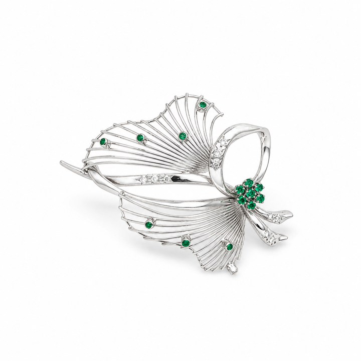 18K White Gold Emerald & Diamond Floral Brooch ~ 1 Ct
