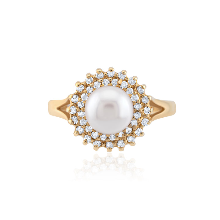 14K Yellow Gold Pearl & Diamond Halo Cocktail Ring