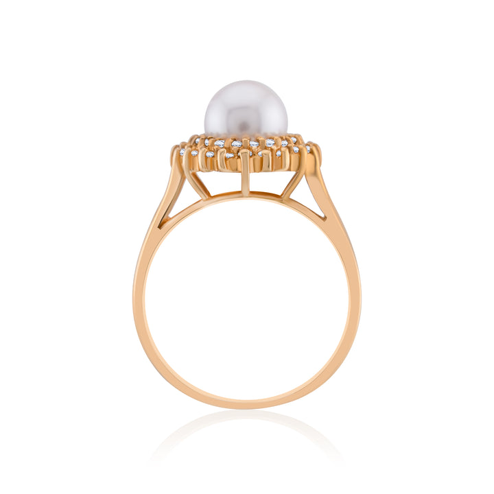 14K Yellow Gold Pearl & Diamond Halo Cocktail Ring