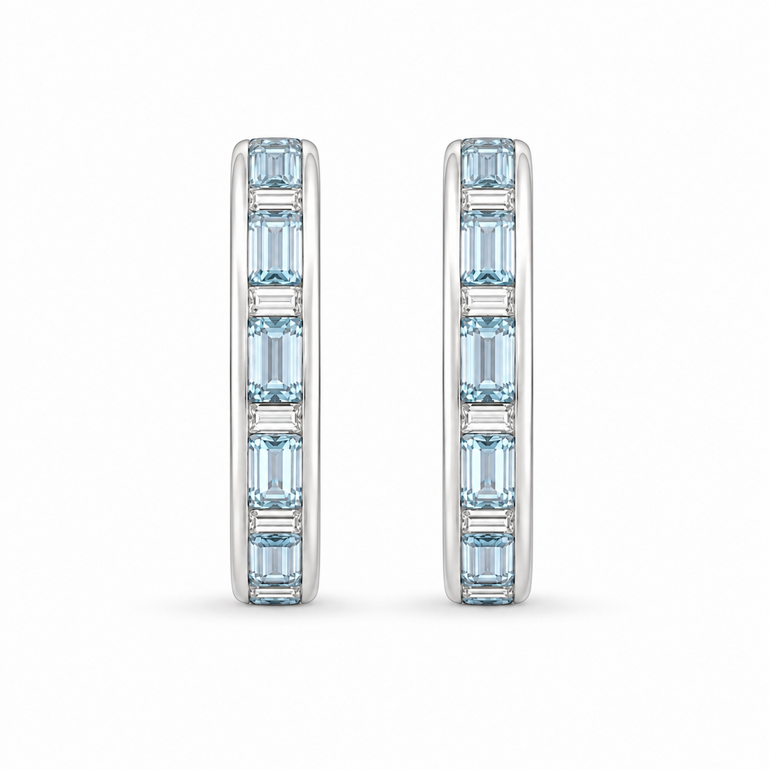 14K White Gold Diamond & Aquamarine Huggies Earrings ~ 3 Ct