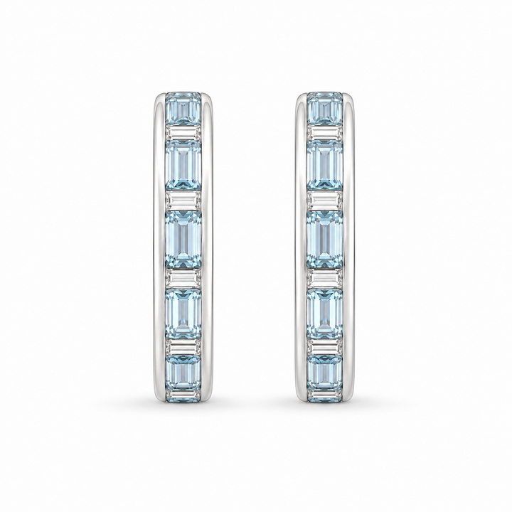 14K White Gold Diamond & Aquamarine Huggies Earrings ~ 3 Ct