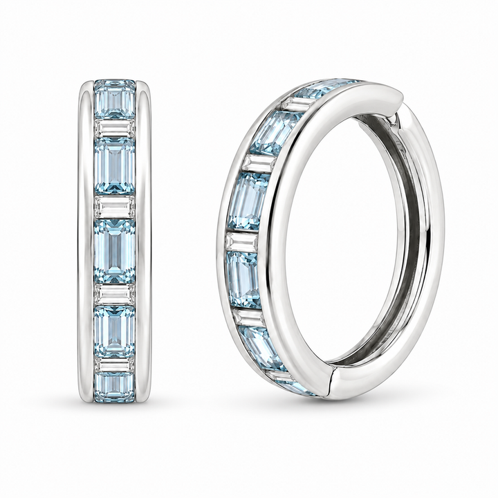 14K White Gold Diamond & Aquamarine Huggies Earrings ~ 3 Ct