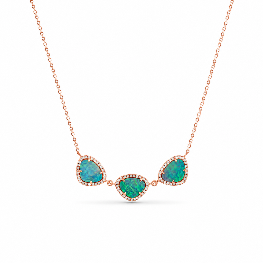 14K Rose Gold Opal & Diamond Three-Stone Necklace ~ 2 Ct