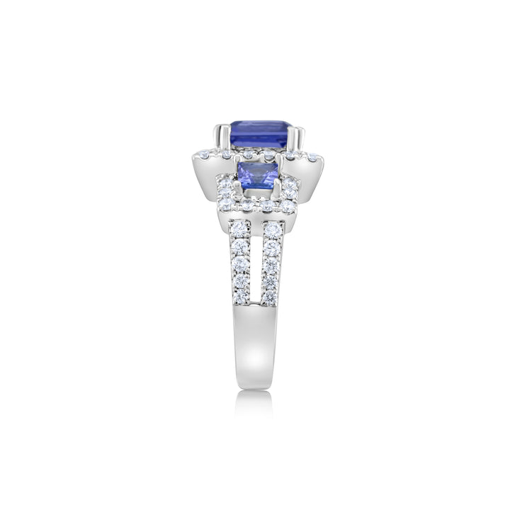 14K White Gold Diamond & Tanzanite Three-Stone Halo Ring ~ 3 ½ Ct