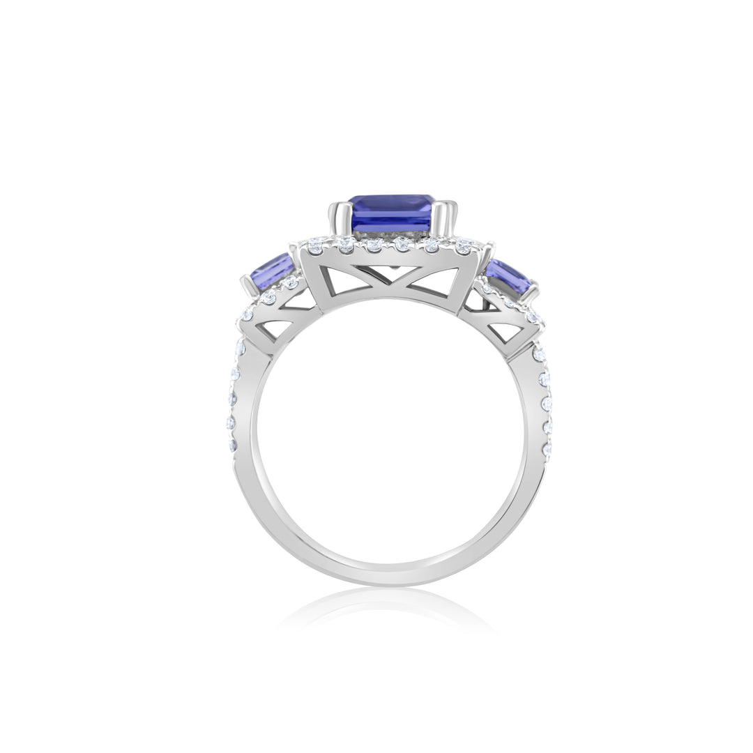 14K White Gold Diamond & Tanzanite Three-Stone Halo Ring ~ 3 ½ Ct