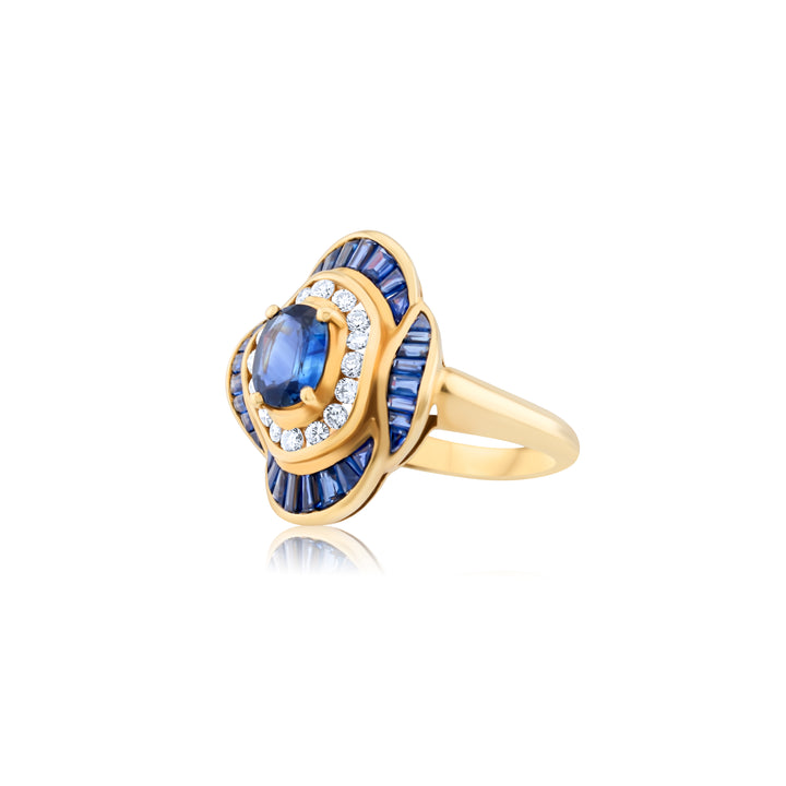 14K Yellow Gold Diamond & Sapphire Vintage Ring ~ 2 Ct