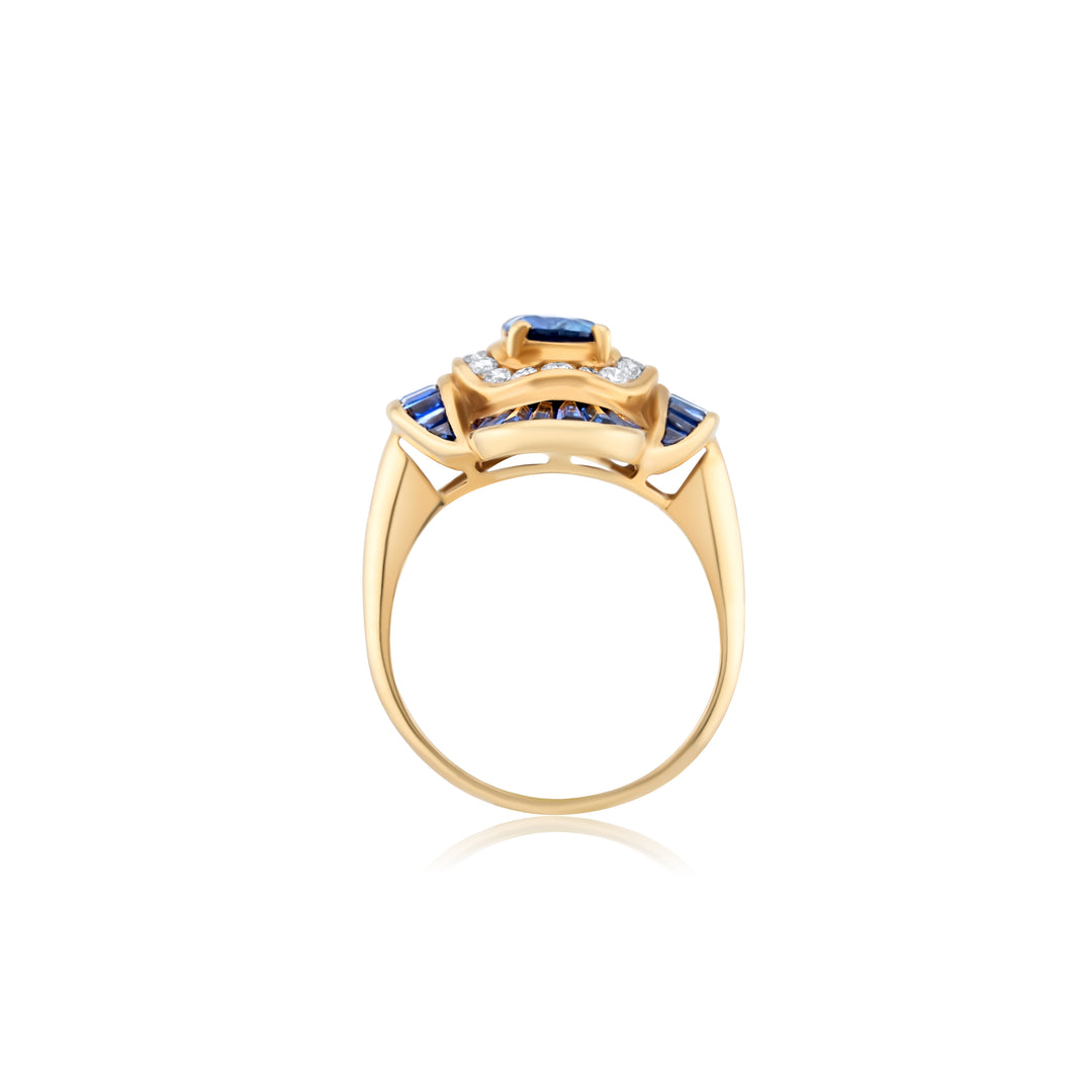 14K Yellow Gold Diamond & Sapphire Vintage Ring ~ 2 Ct
